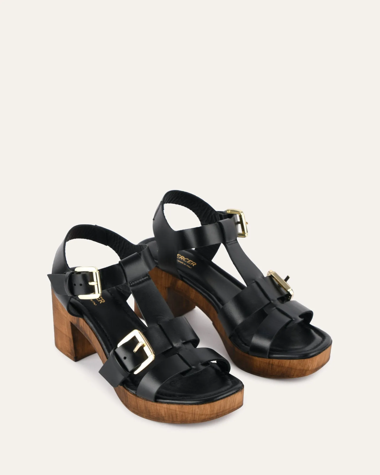 CATERINA MID HEEL CLOG SANDALS BLACK LEATHER