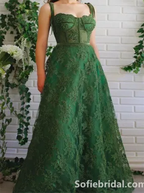 Elegant And Cute Green Lace Spaghetti Straps Square Neck A-Line Long Prom Dress,SFPD0205