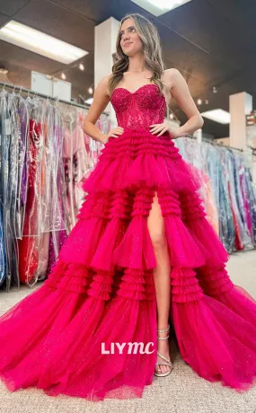 LP1195 - A Line Sweetheart Lace Appliques Tulle Tiered Long Formal Prom Dress with Slit