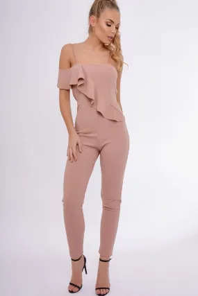 Nude Frill Asymmetric One Shoulder Jumpsuit - Tory