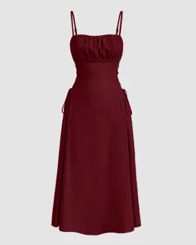 Ruched Bust Lace Up Side Spaghetti Straps Cami Dress In Maroon