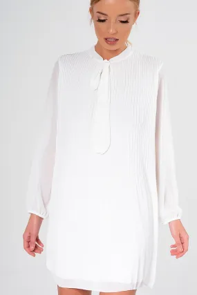 White Pleated Tie Neck Long Sleeve Swing Dress - Nickie