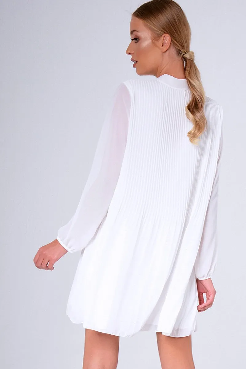 White Pleated Tie Neck Long Sleeve Swing Dress - Nickie