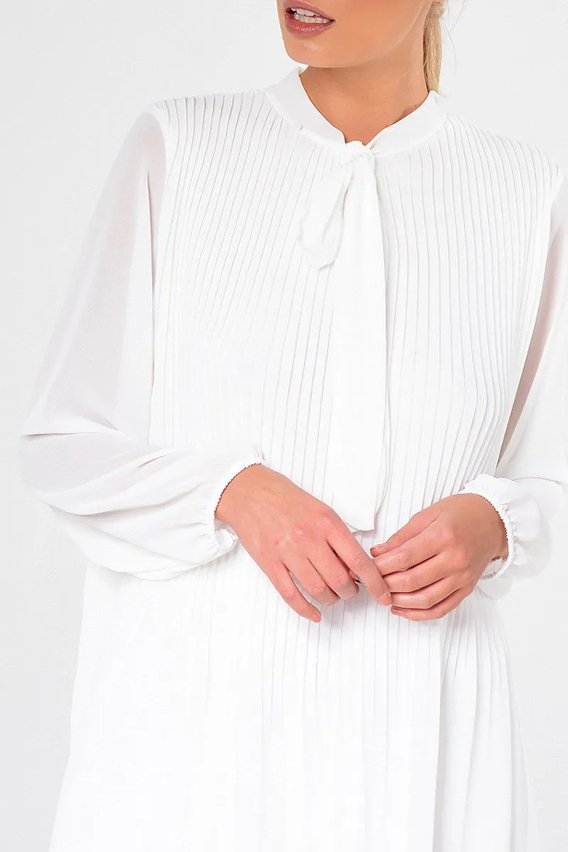 White Pleated Tie Neck Long Sleeve Swing Dress - Nickie